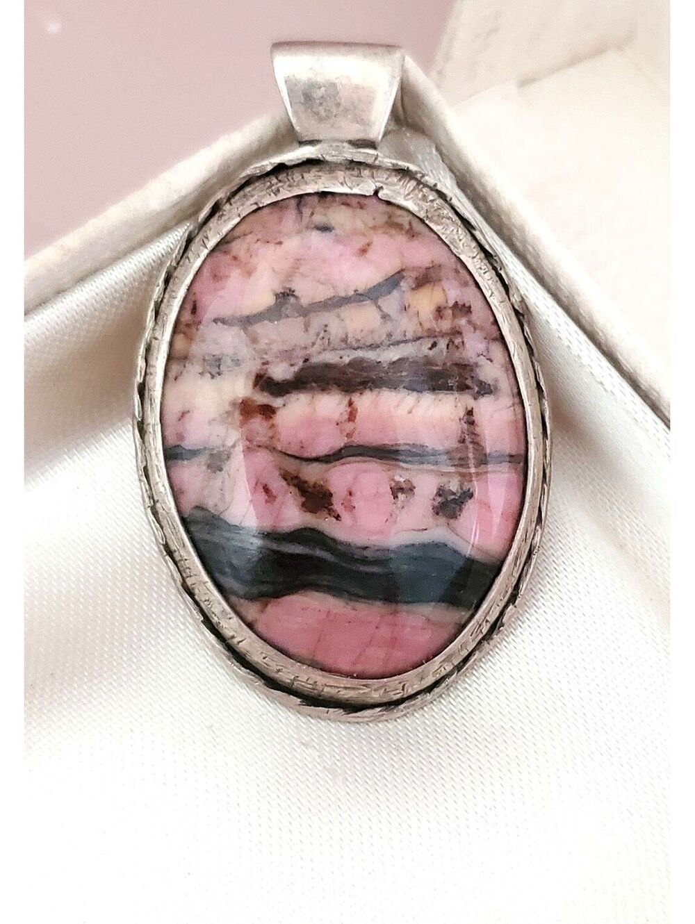 Vintage Sterling Silver Hand-made Pink Rhodonite Oval Pendant